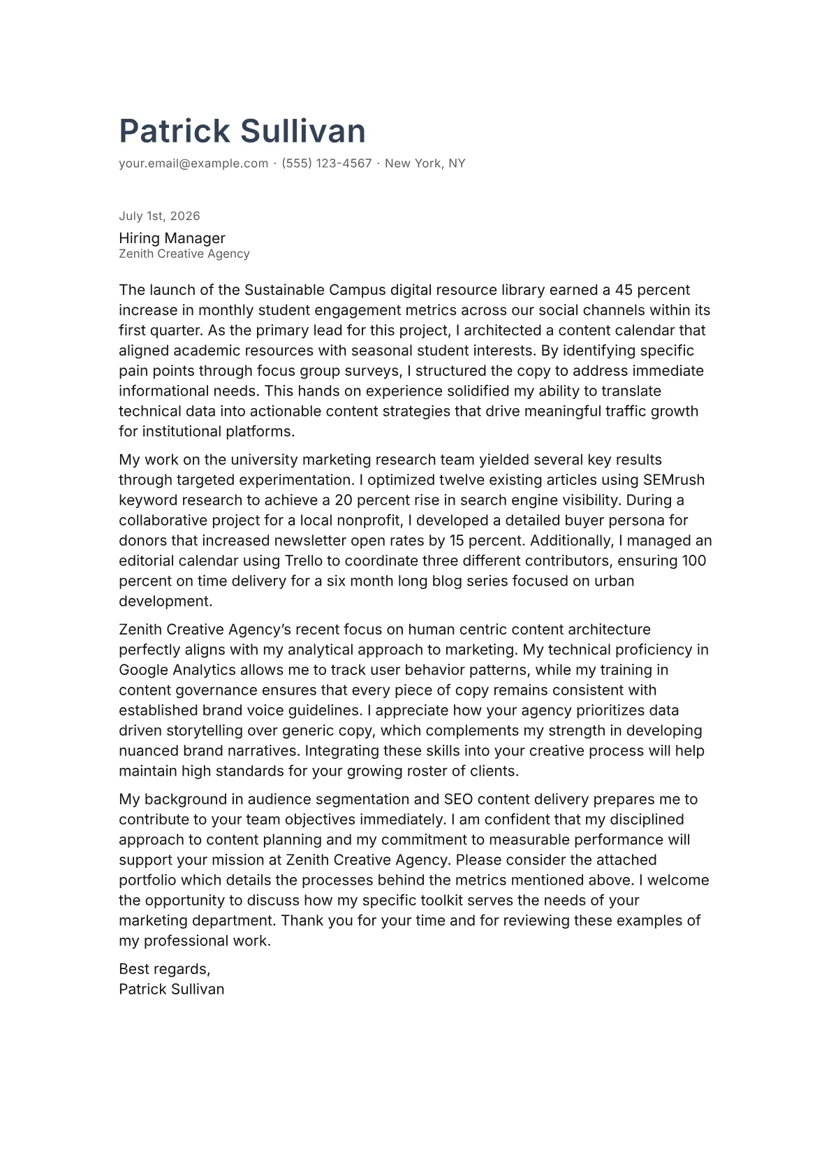 Content Marketing Manager cover letter in the Minimal design