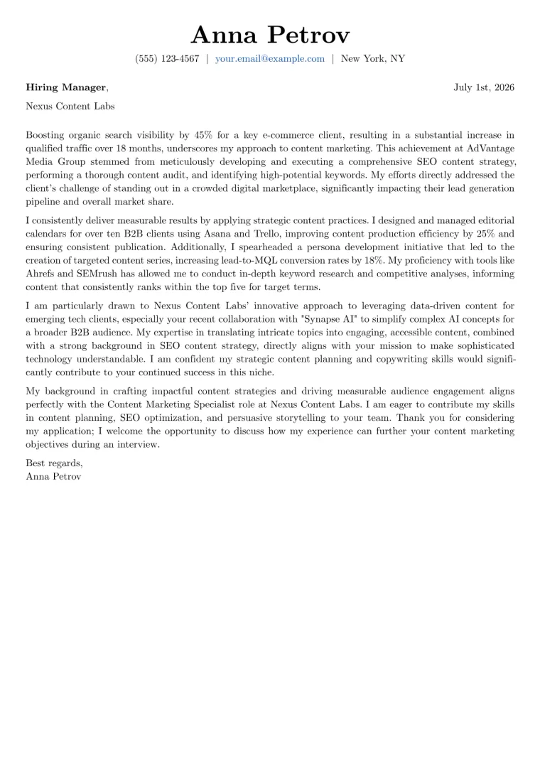 Content Marketing Specialist Cover Letter Example