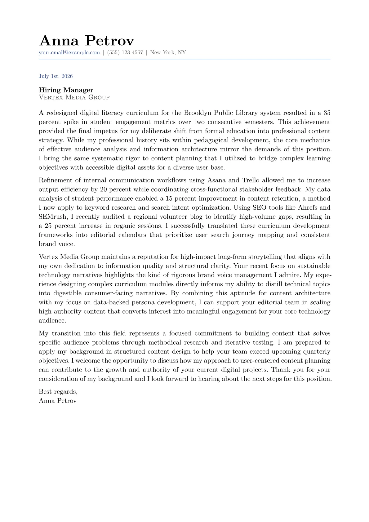 Content Marketing Specialist cover letter in the Classic design