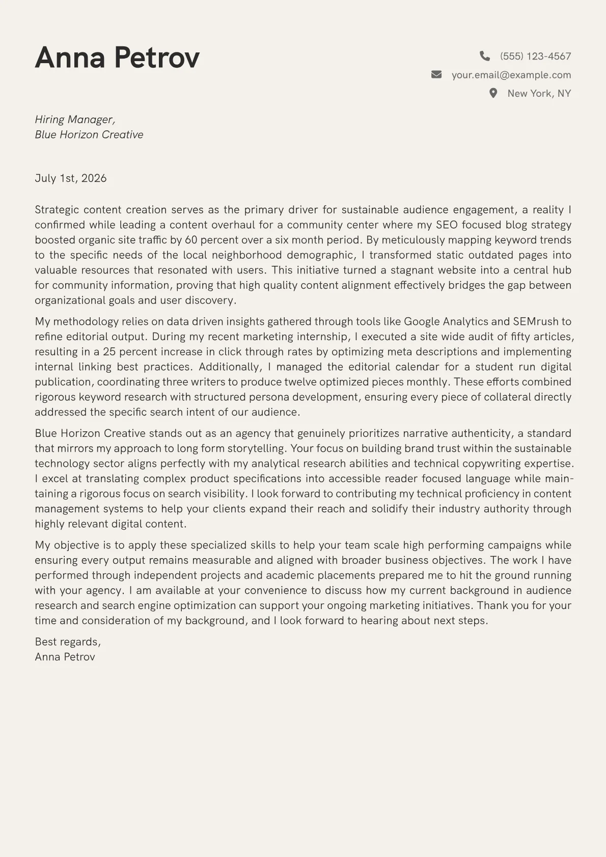 Content Marketing Specialist cover letter in the Creative design