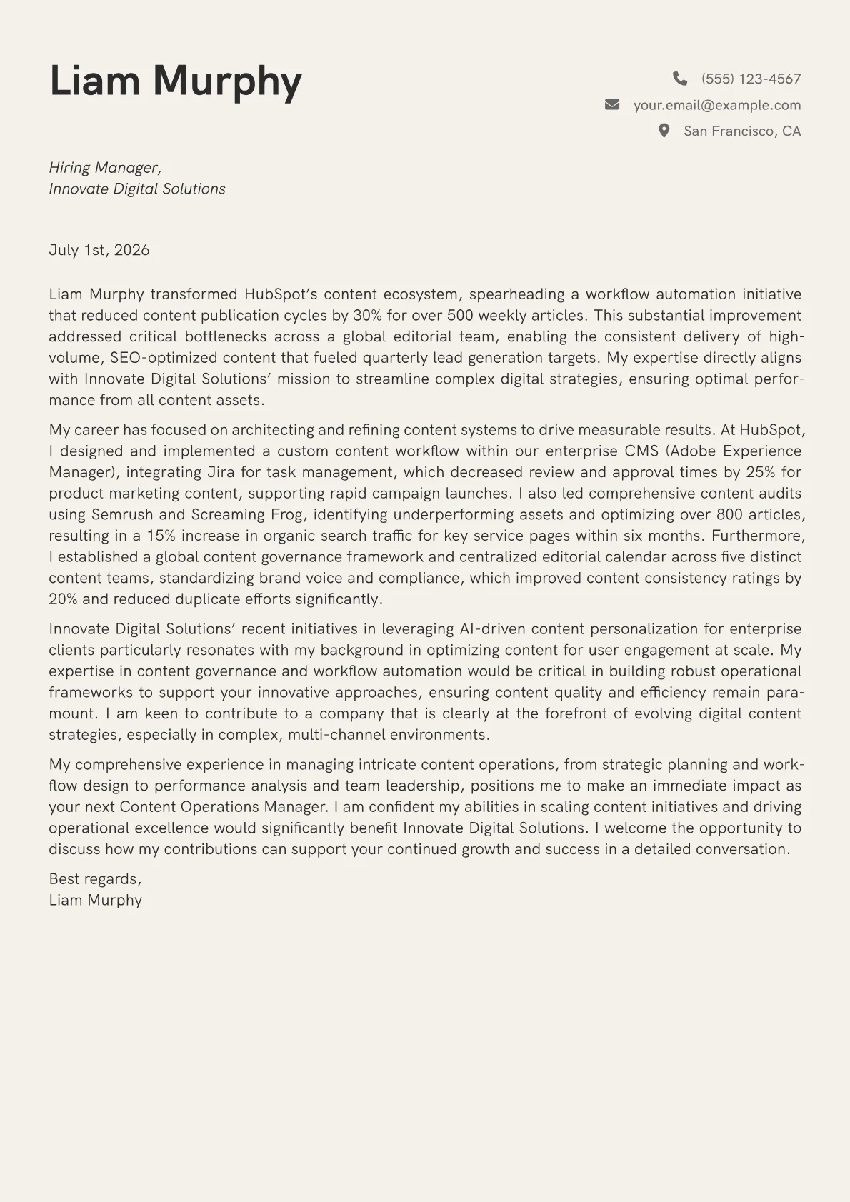 Content Operations Manager cover letter formatted with a JobSprout template