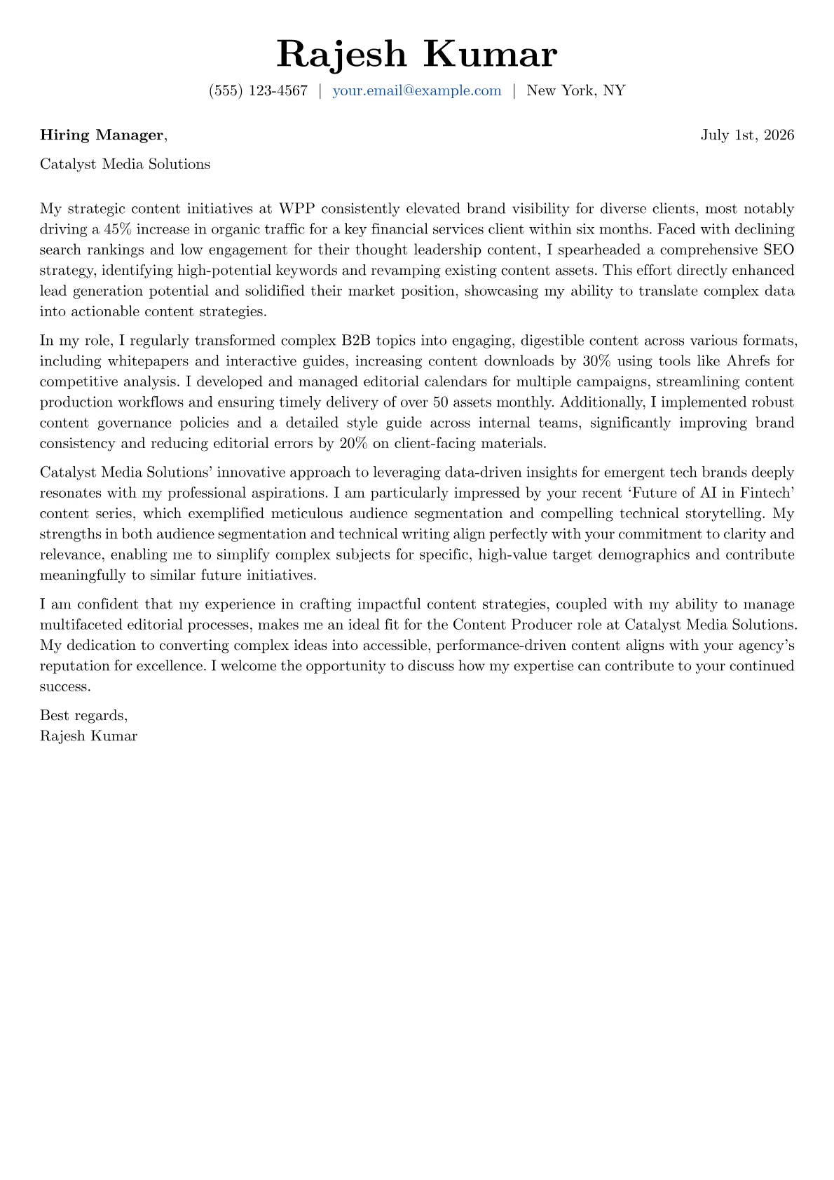 Content Producer cover letter formatted with a JobSprout template