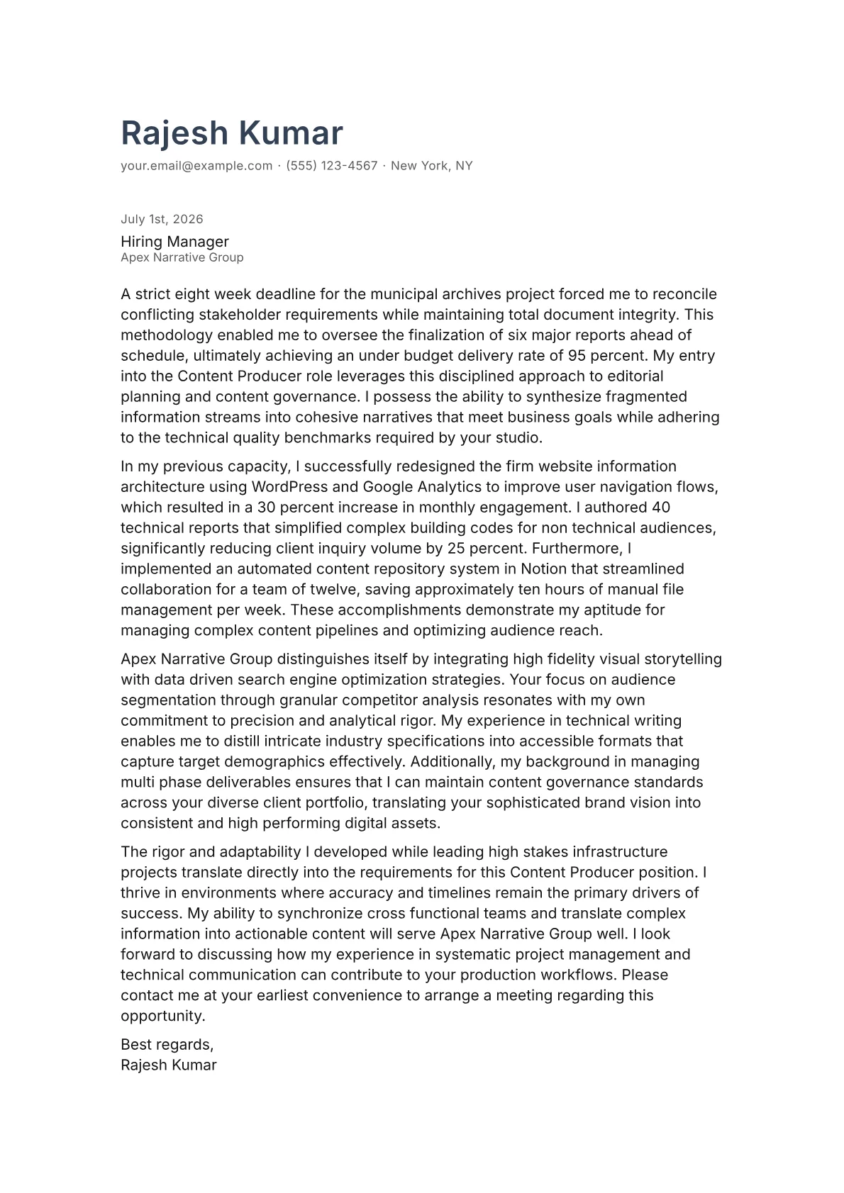 Content Producer cover letter in the Minimal design