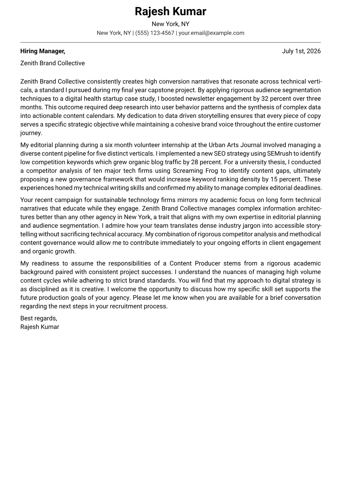 Content Producer cover letter in the Modern design
