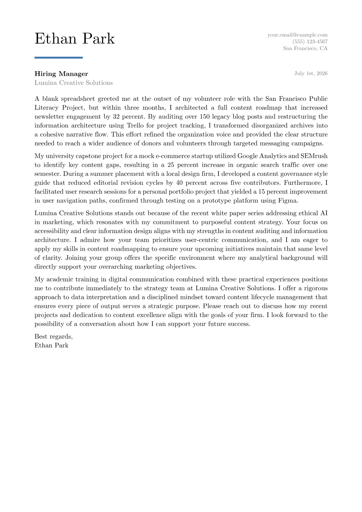 Content Strategist cover letter in the Executive design