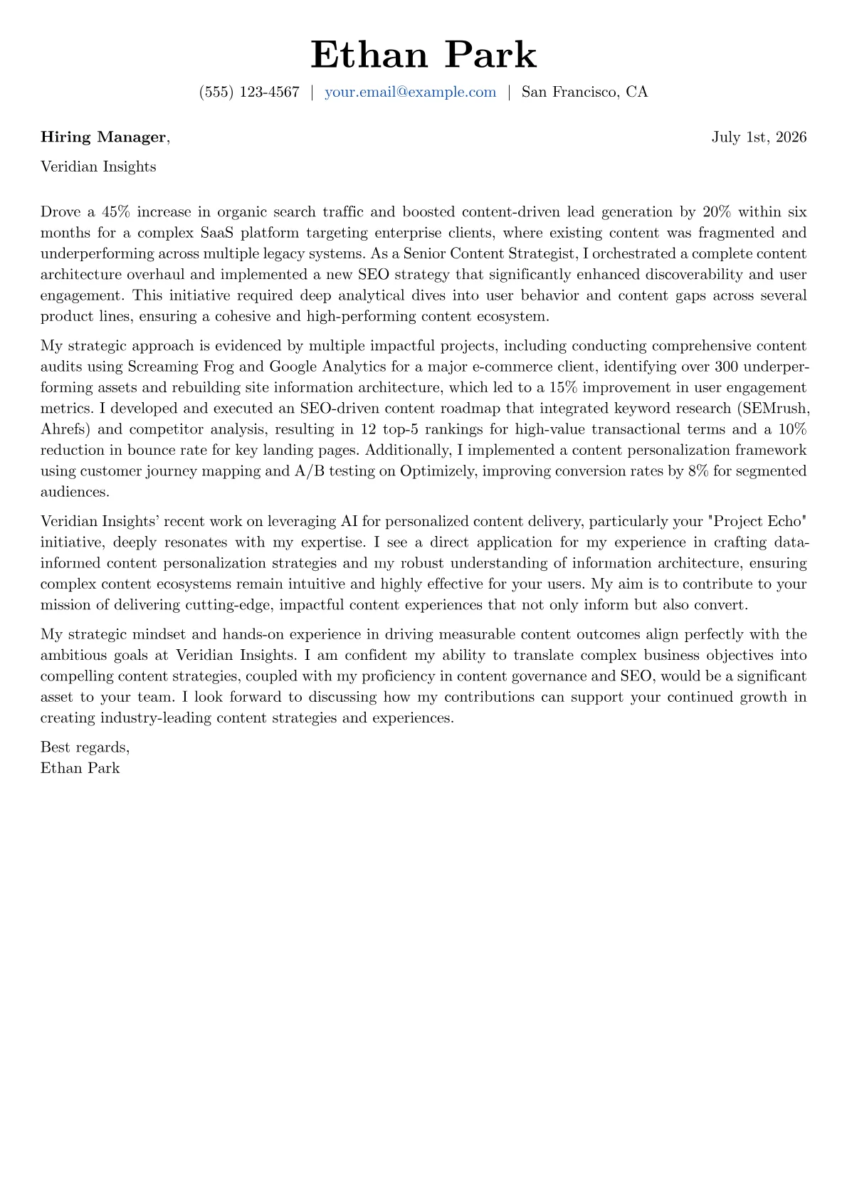 Content Strategist cover letter formatted with a JobSprout template