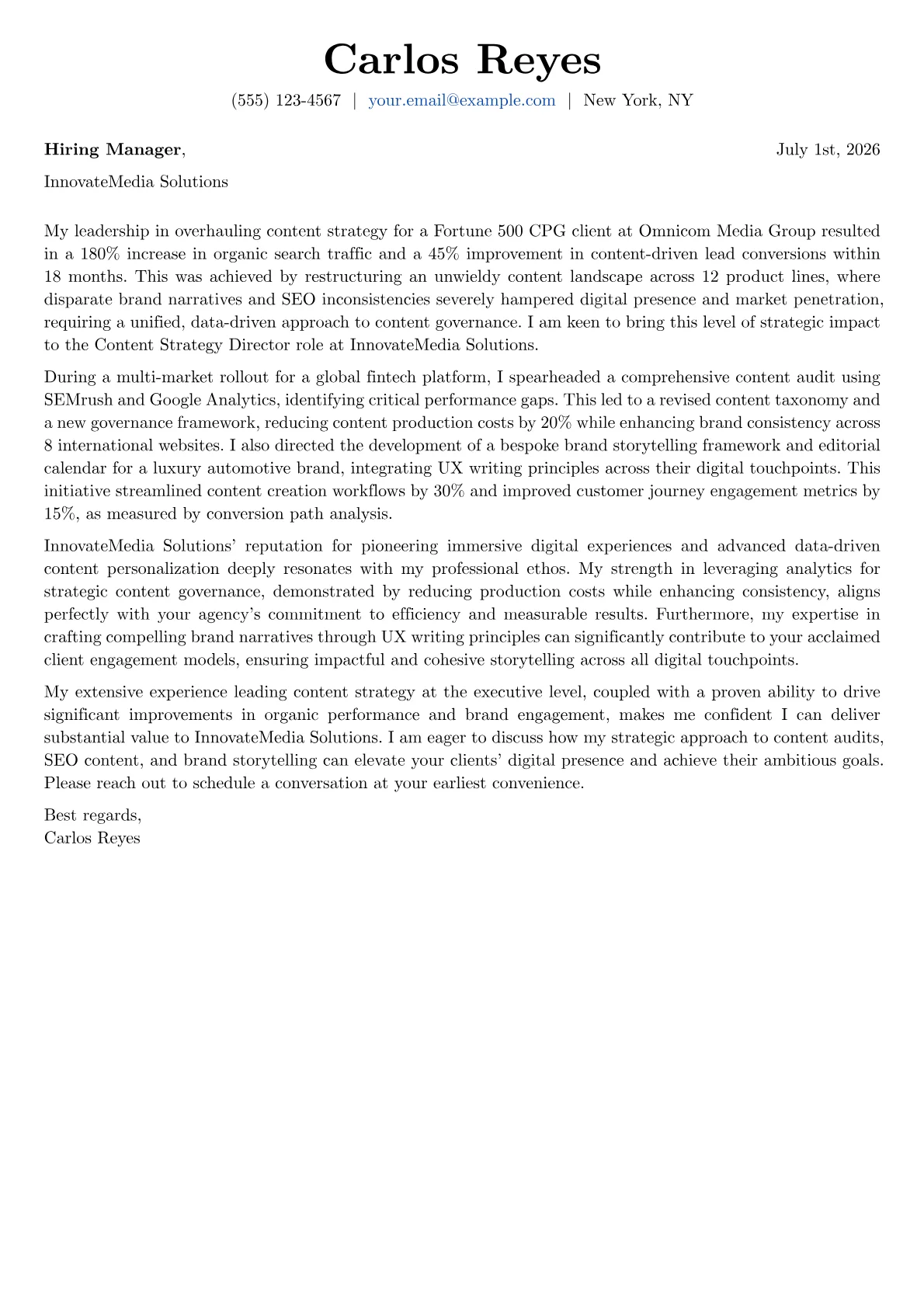 Content Strategy Director cover letter formatted with a JobSprout template