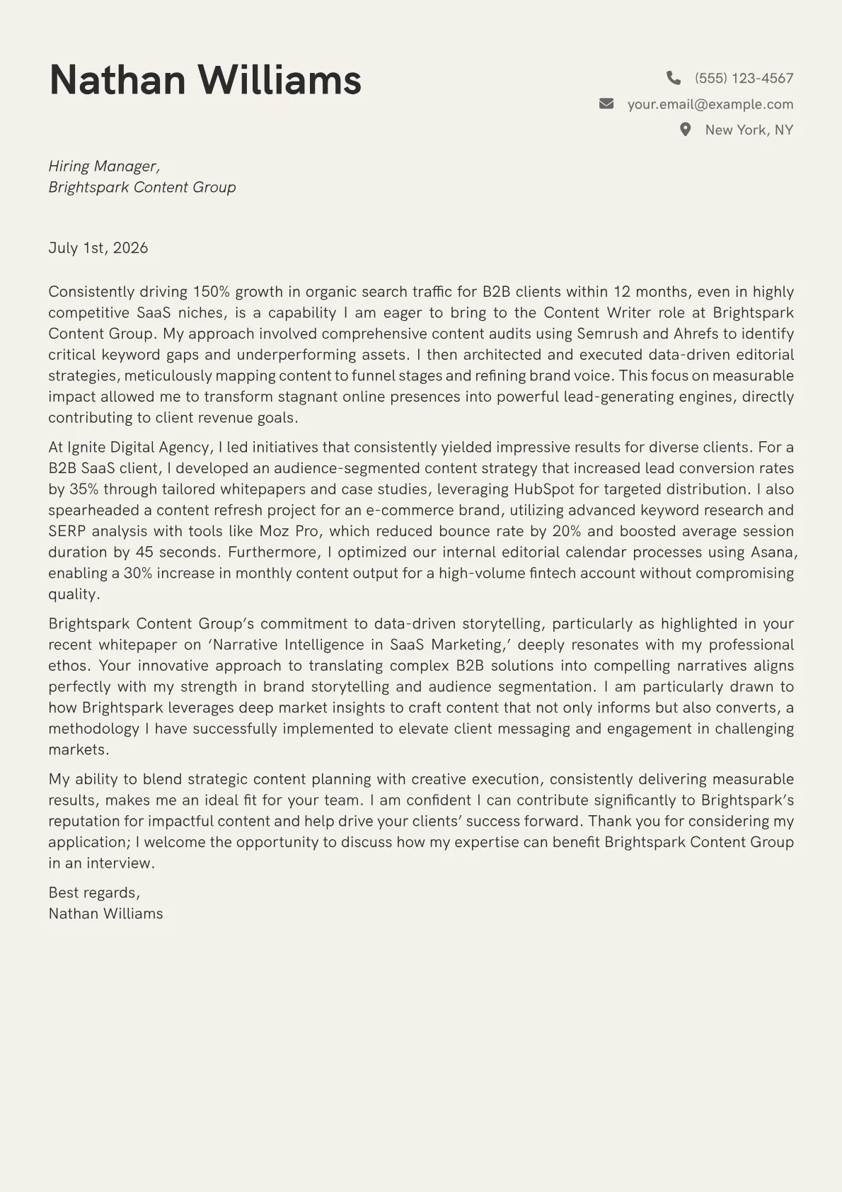 Content Writer cover letter formatted with a JobSprout template