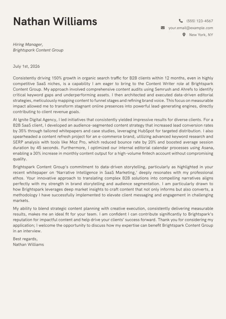 Content Writer cover letter example