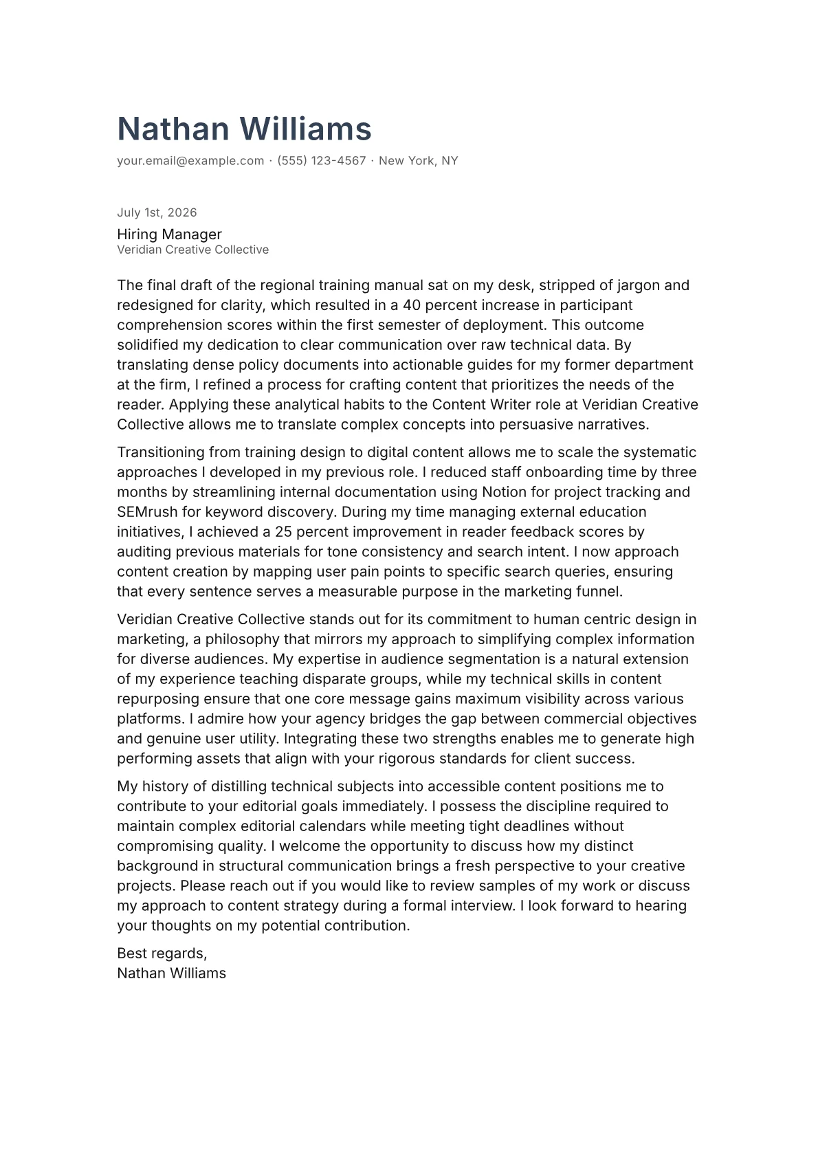 Content Writer cover letter in the Minimal design