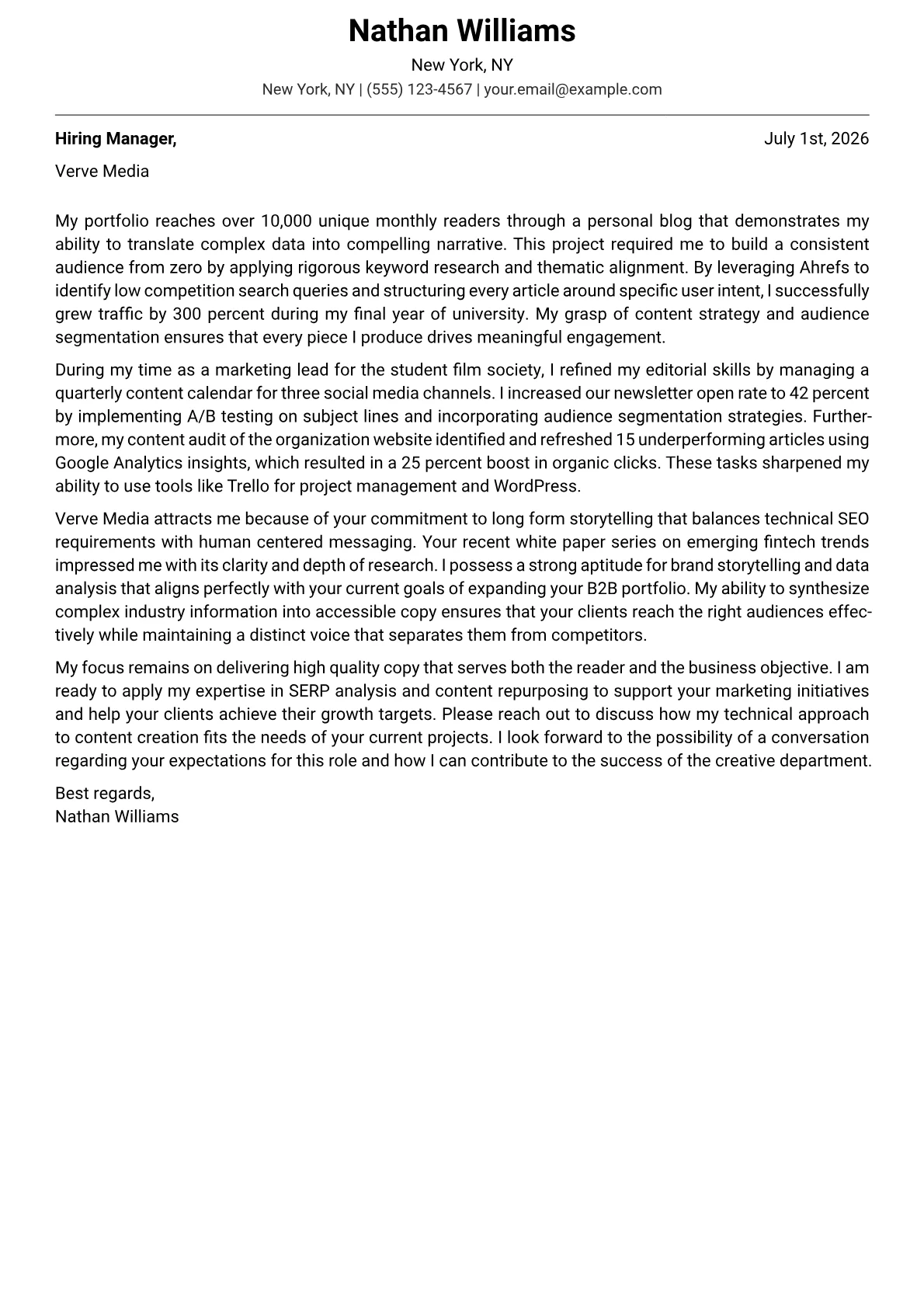 Content Writer cover letter in the Modern design