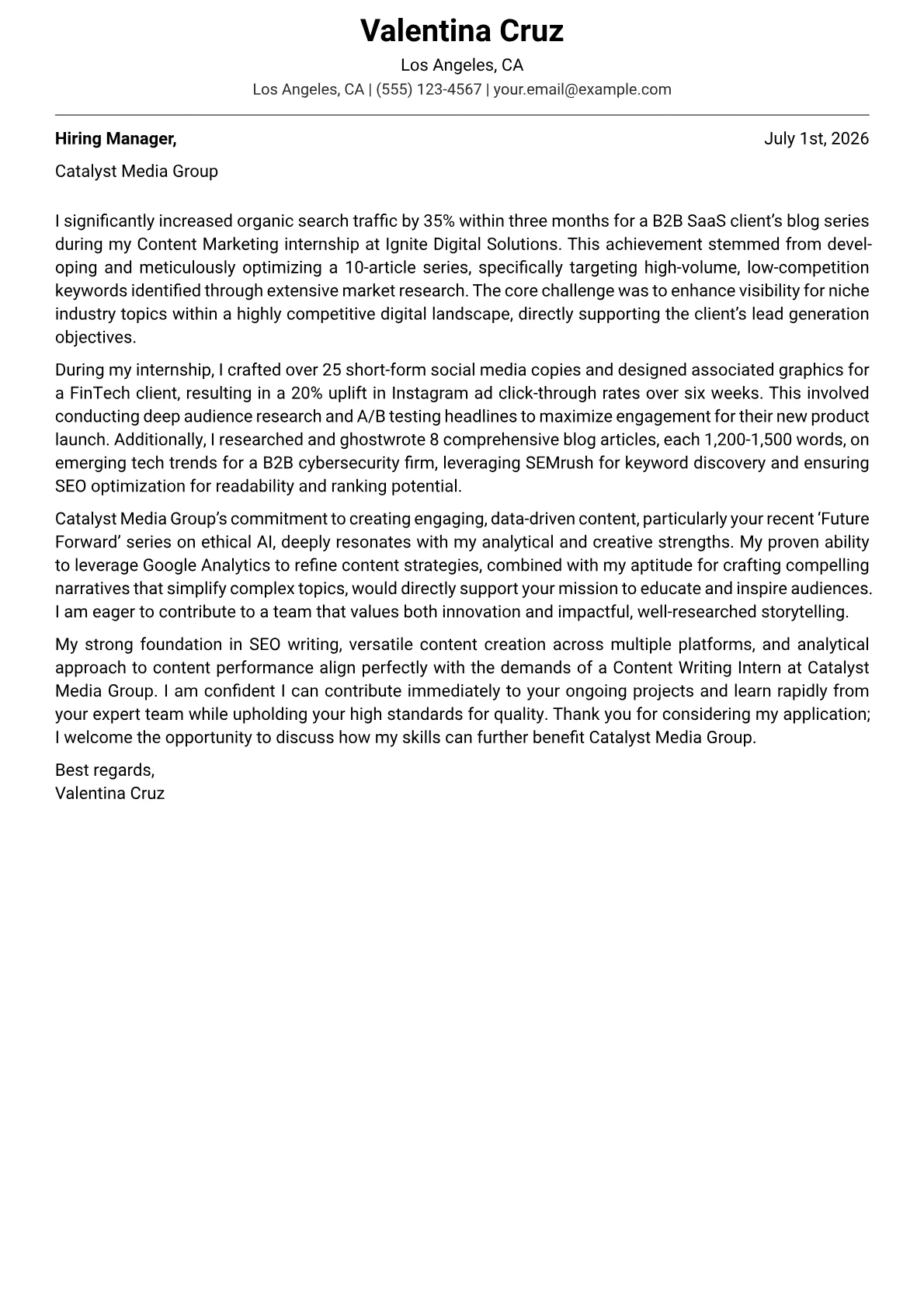 Content Writing Intern cover letter formatted with a JobSprout template