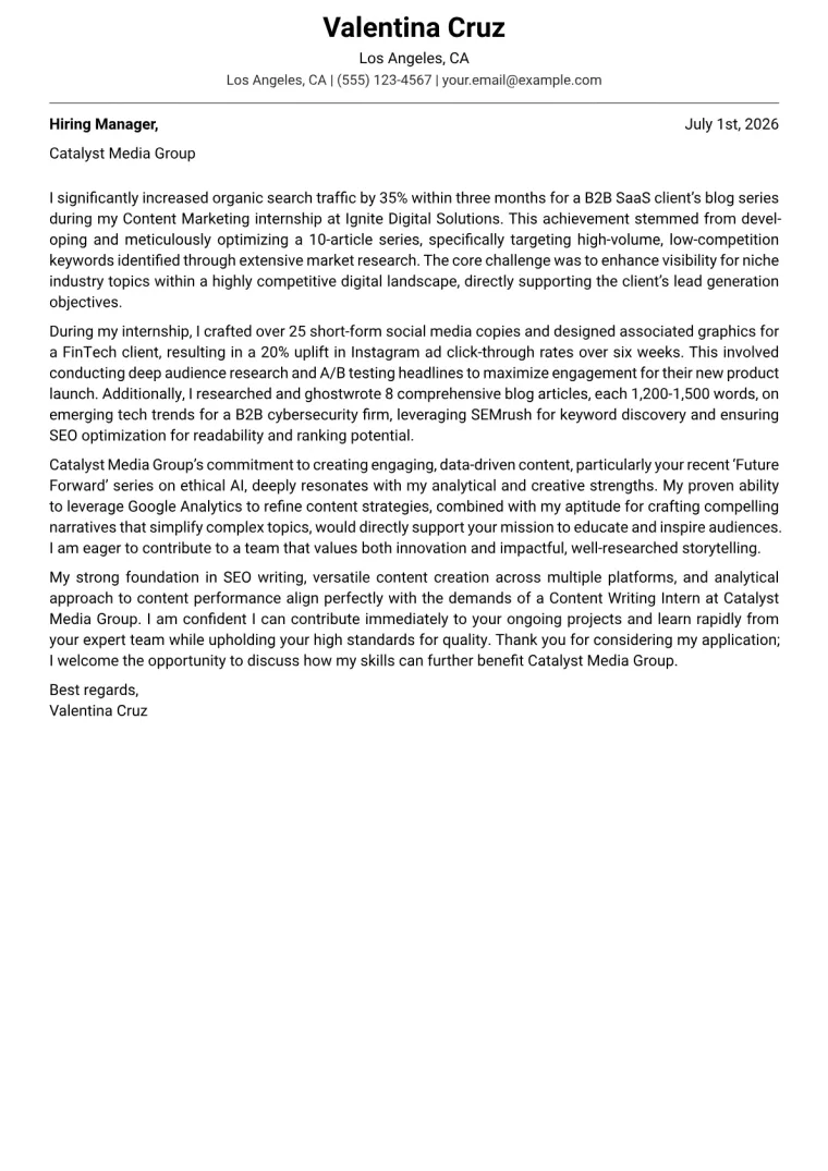 Content Writing Intern cover letter example preview