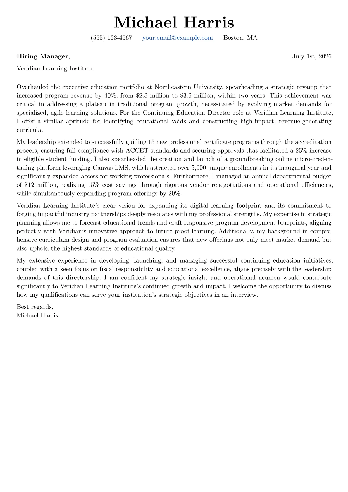 Continuing Education Director cover letter formatted with a JobSprout template