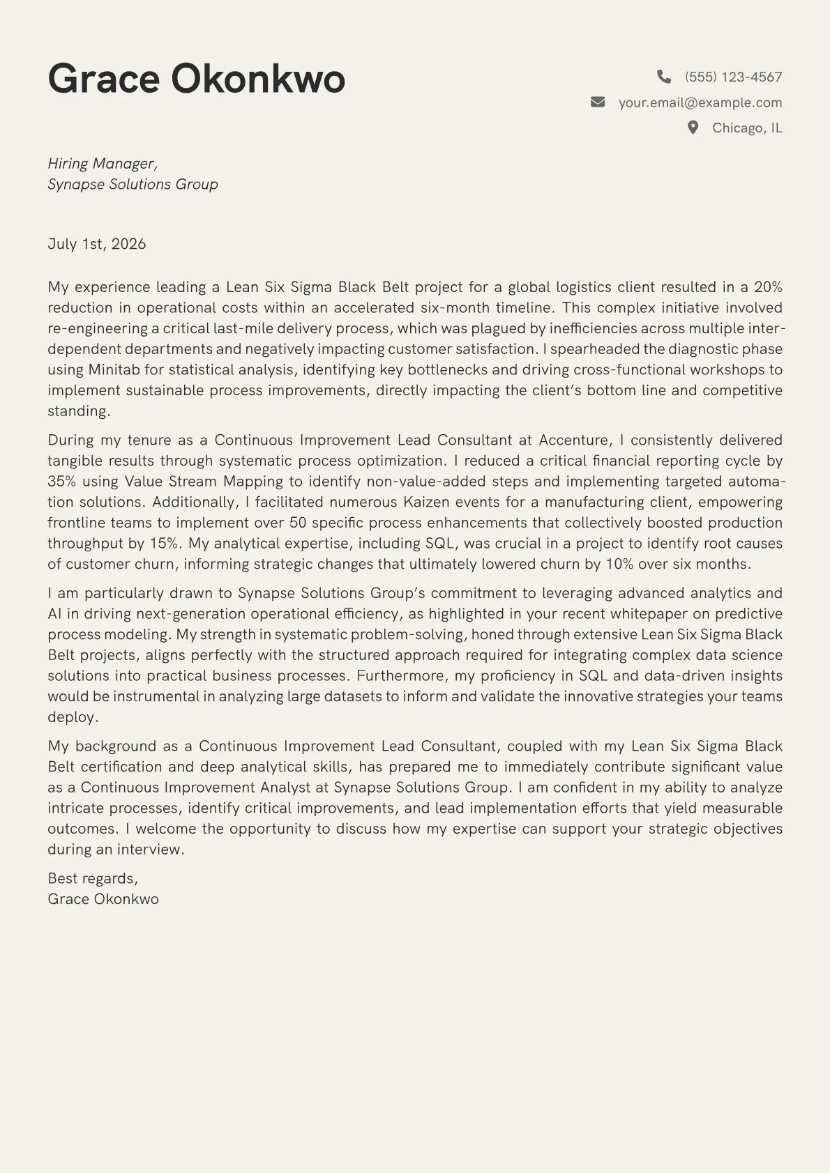 Continuous Improvement Analyst cover letter formatted with a JobSprout template