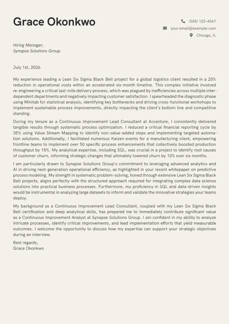 Continuous Improvement Analyst cover letter example preview