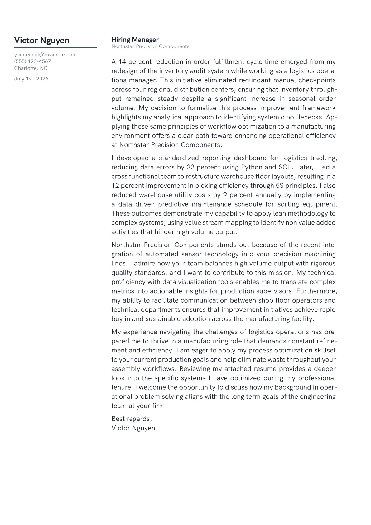 Continuous Improvement Engineer cover letter in the Margin design
