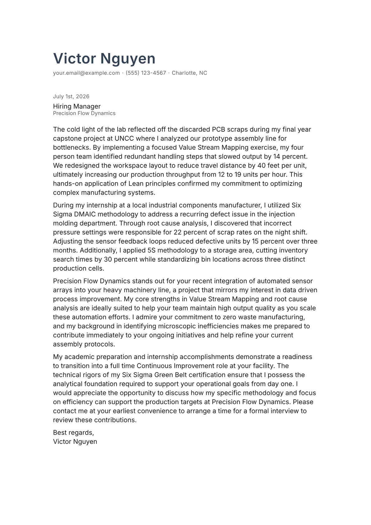 Continuous Improvement Engineer cover letter in the Minimal design