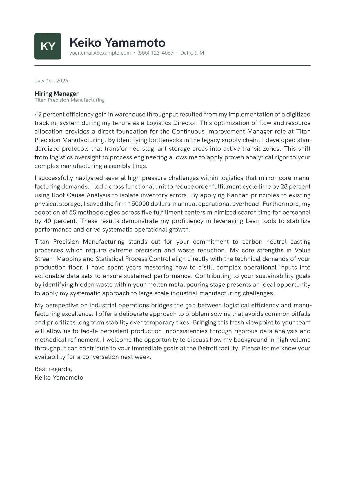 Continuous Improvement Manager cover letter in the Emblem design