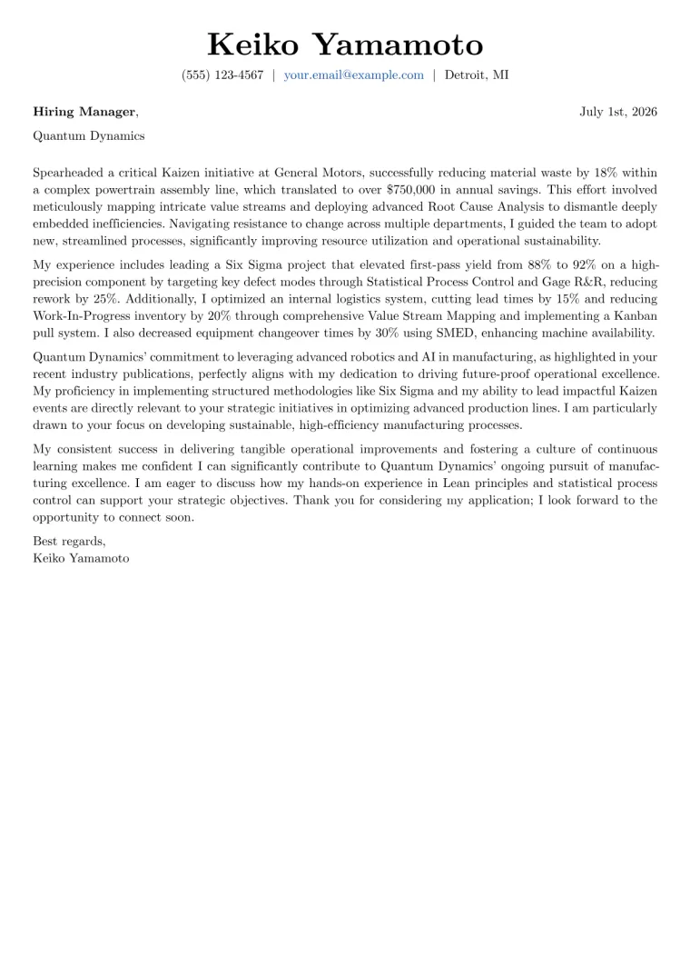 Continuous Improvement Manager Cover Letter Example