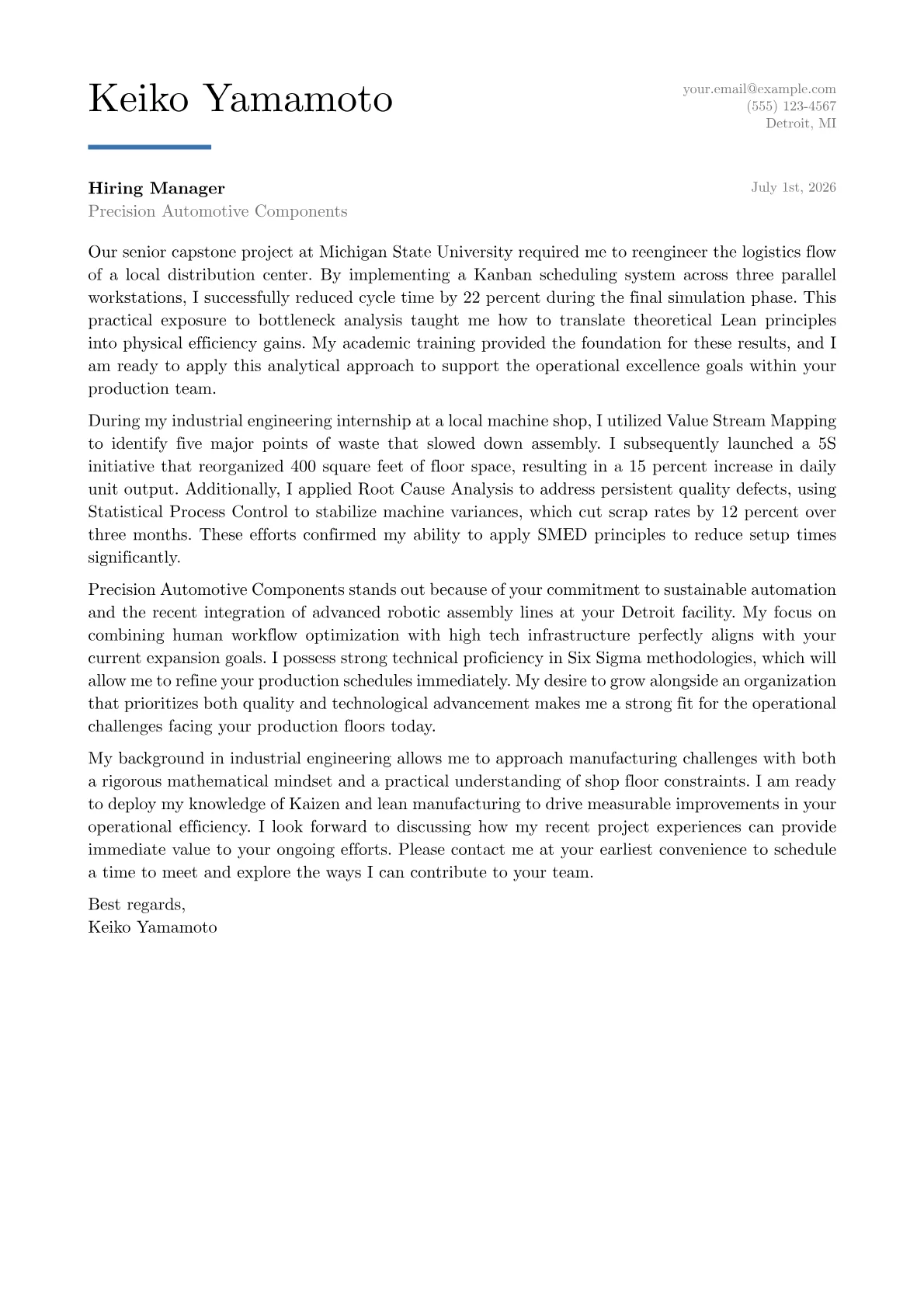 Continuous Improvement Manager cover letter in the Executive design