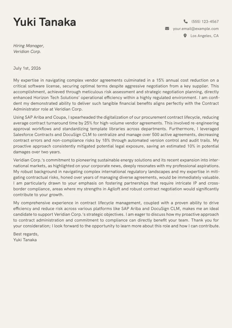 Contract Administrator Cover Letter Example