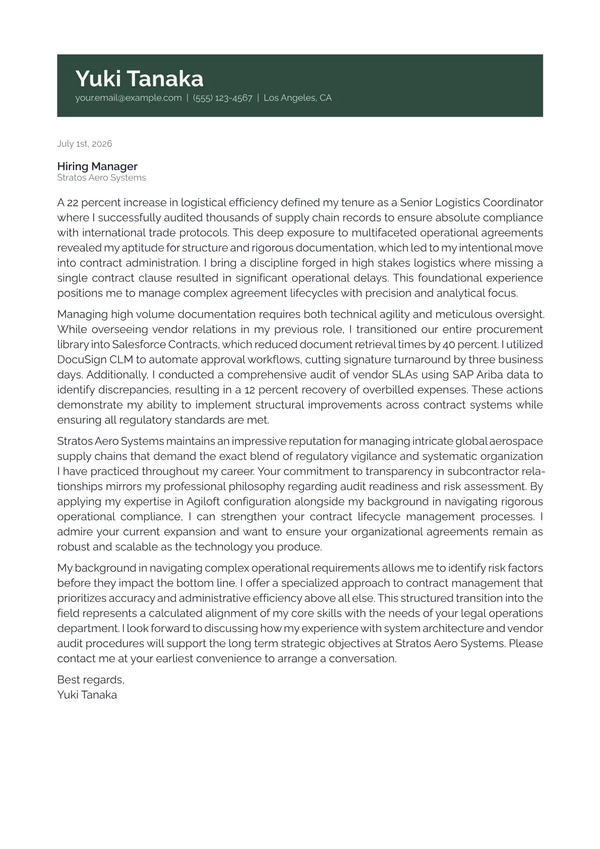 Contract Administrator cover letter in the Banner design