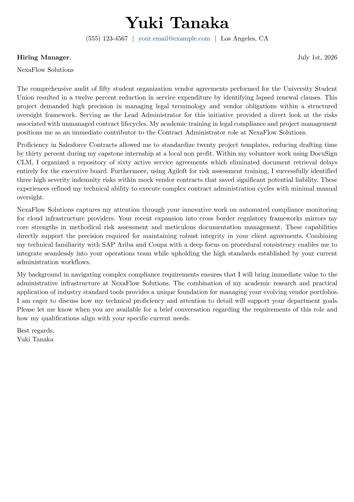 Contract Administrator cover letter in the Basic design