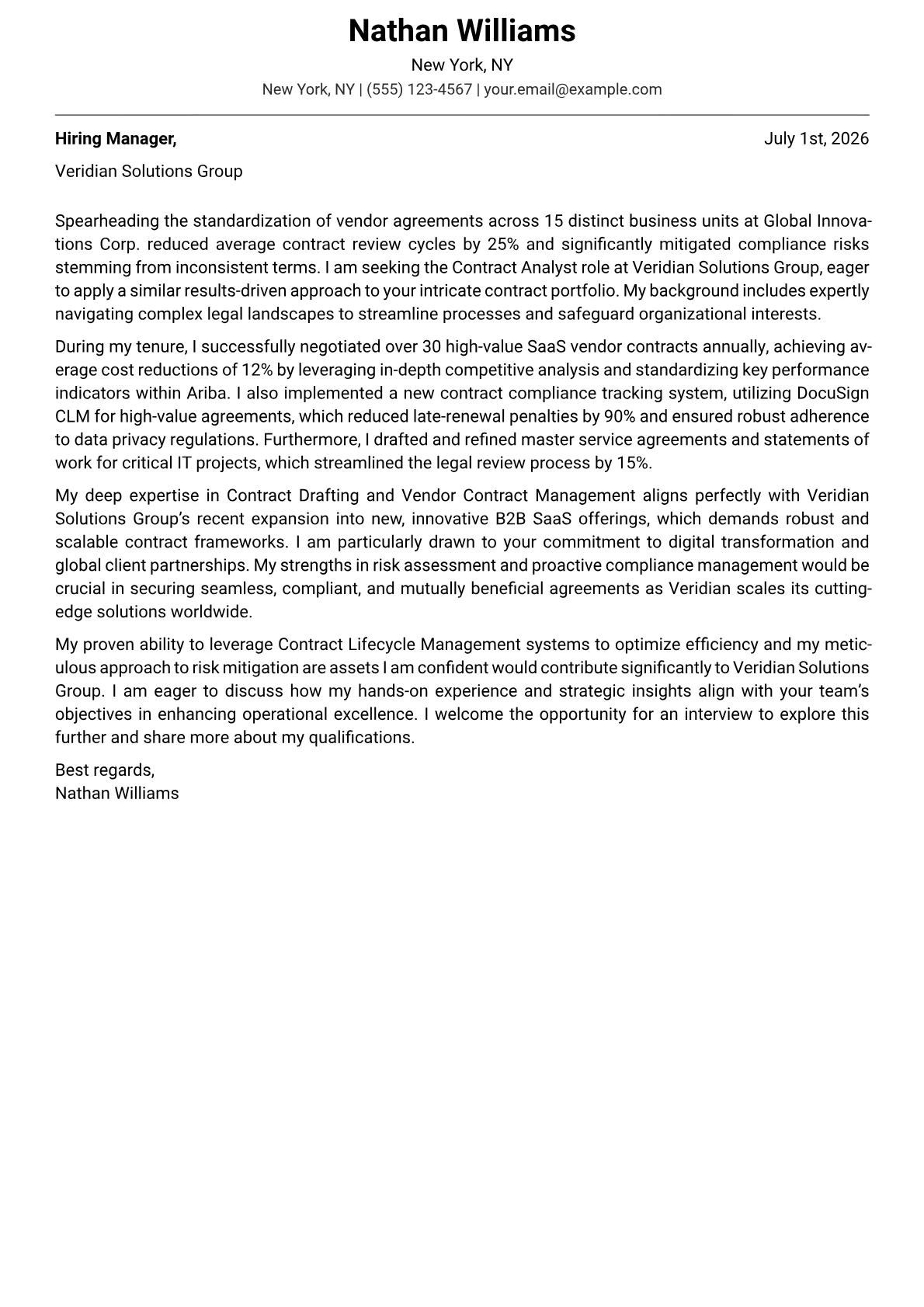 Contract Analyst cover letter formatted with a JobSprout template