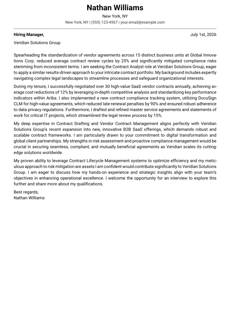 Contract Analyst Cover Letter Example