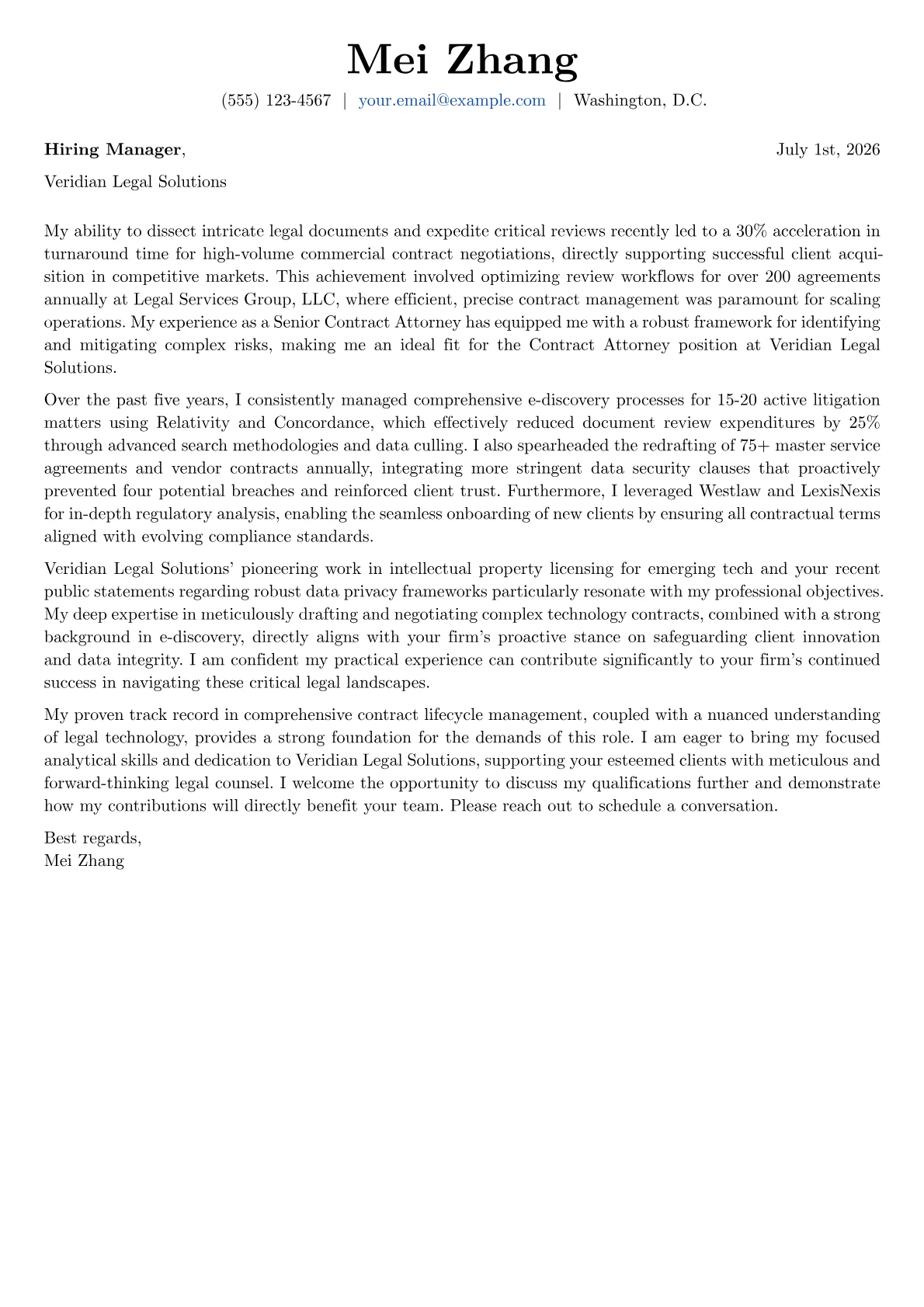 Contract Attorney cover letter formatted with a JobSprout template