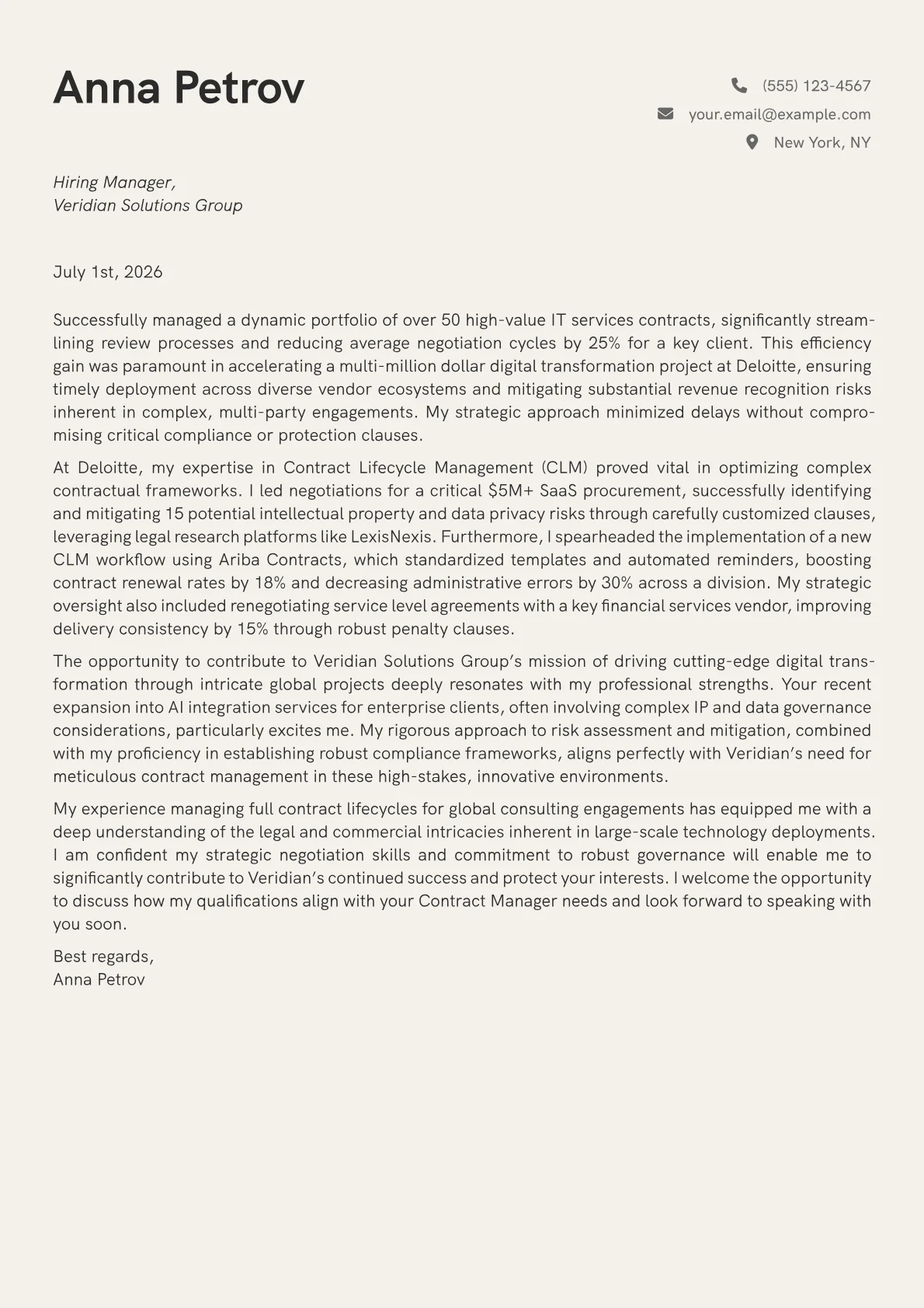 Contract Manager cover letter formatted with a JobSprout template