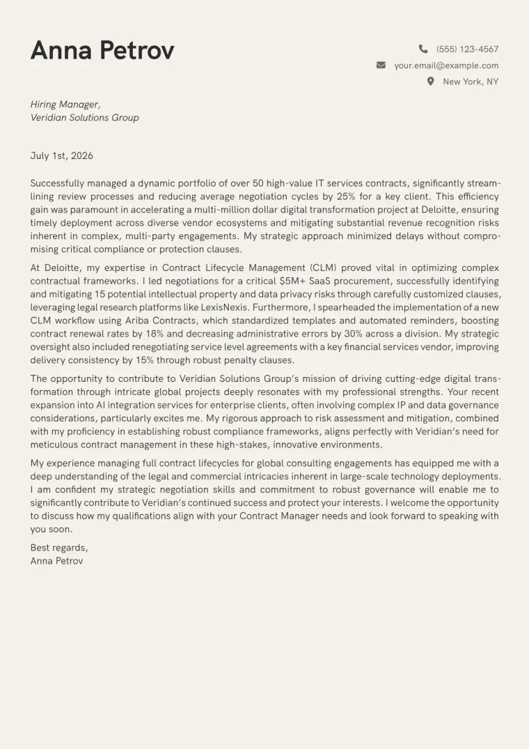 Contract Manager Cover Letter Example