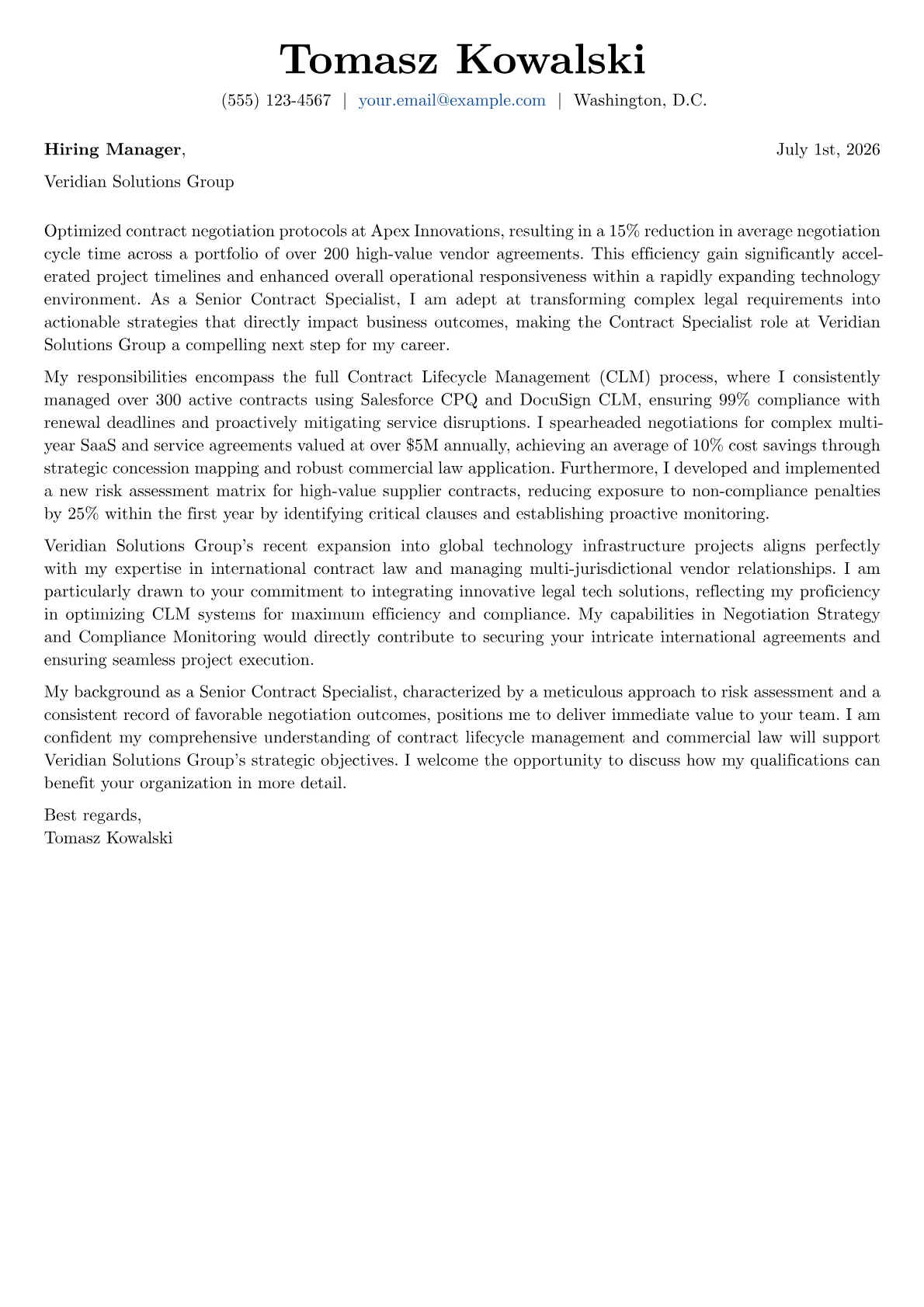 Contract Specialist cover letter formatted with a JobSprout template