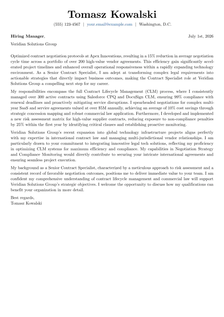 Contract Specialist cover letter example preview