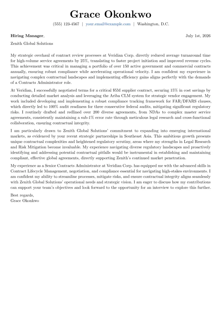 Contracts Administrator cover letter example preview