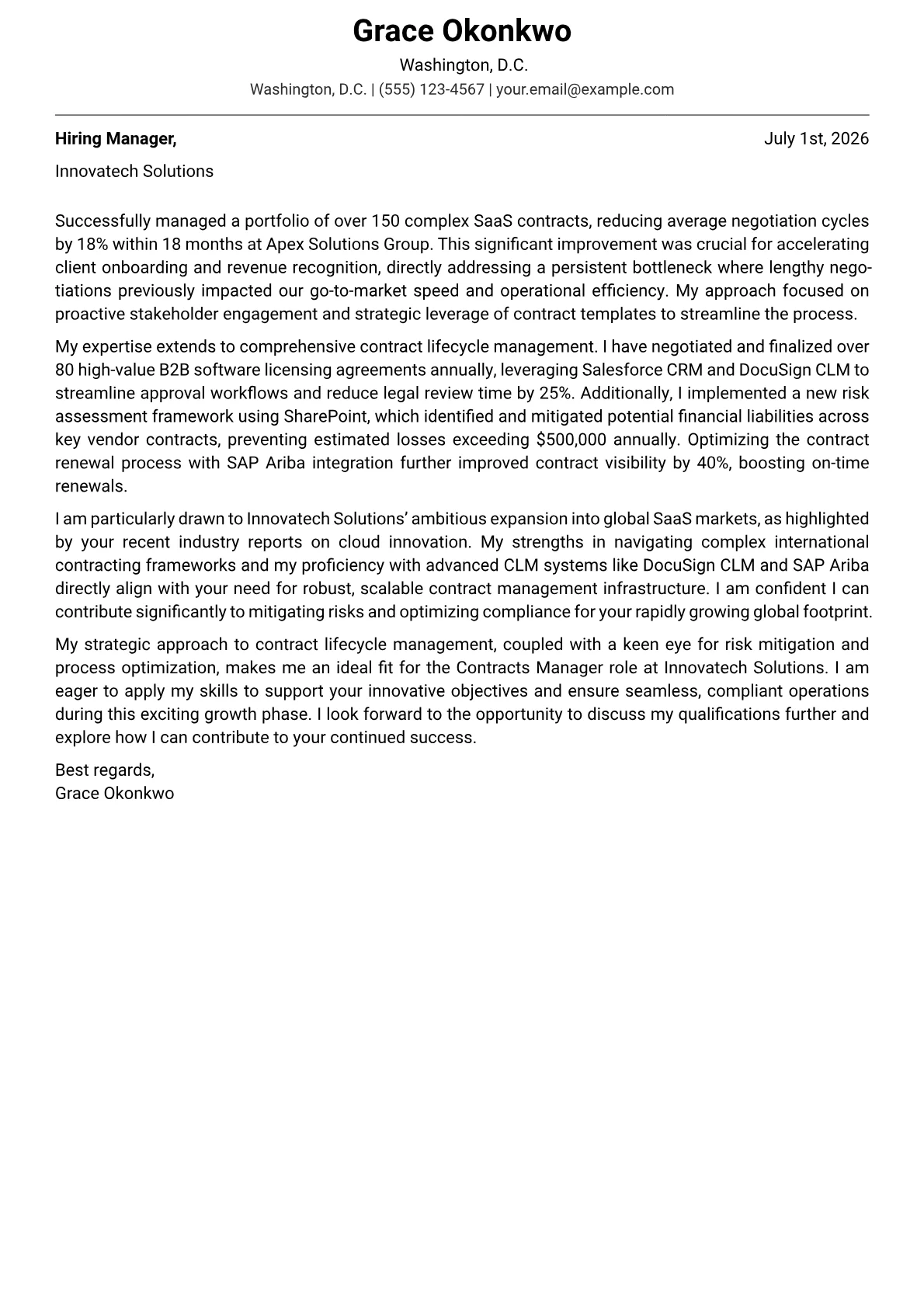 Contracts Manager cover letter formatted with a JobSprout template
