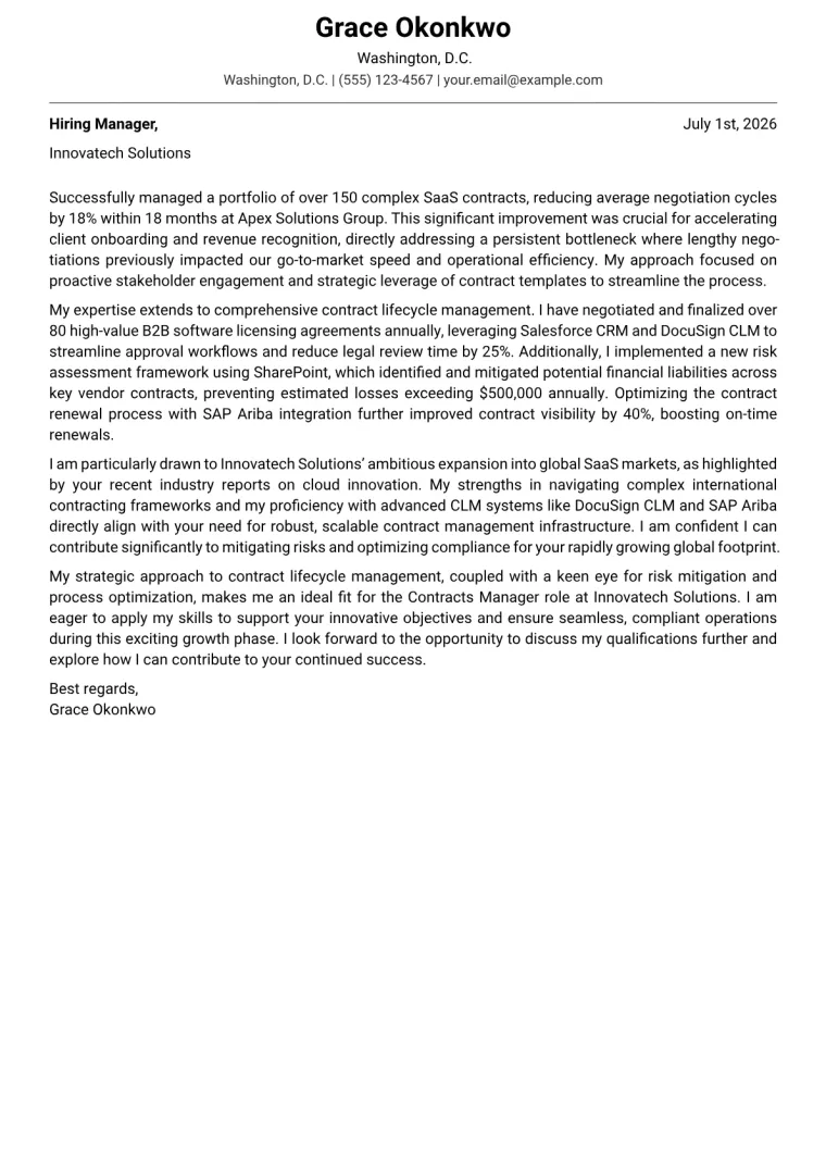 Contracts Manager cover letter example preview