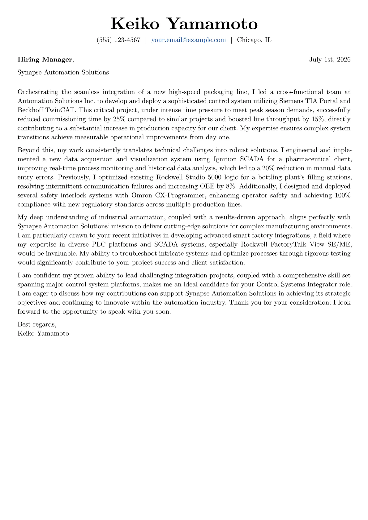 Control Systems Integrator cover letter formatted with a JobSprout template