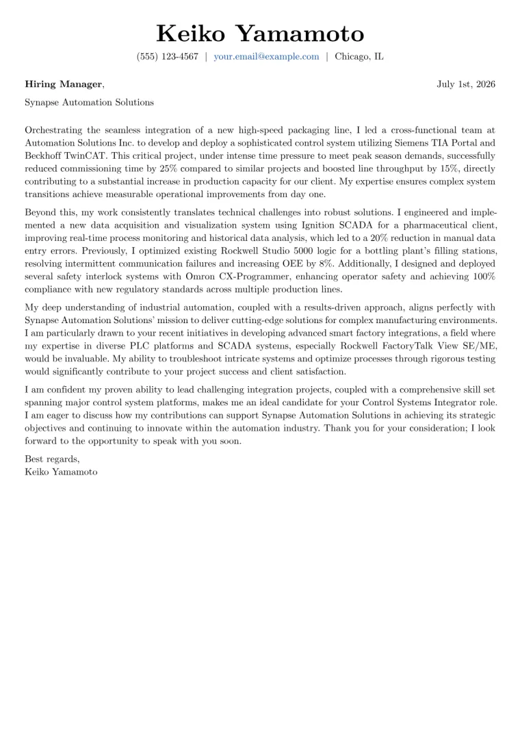 Control Systems Integrator cover letter example preview
