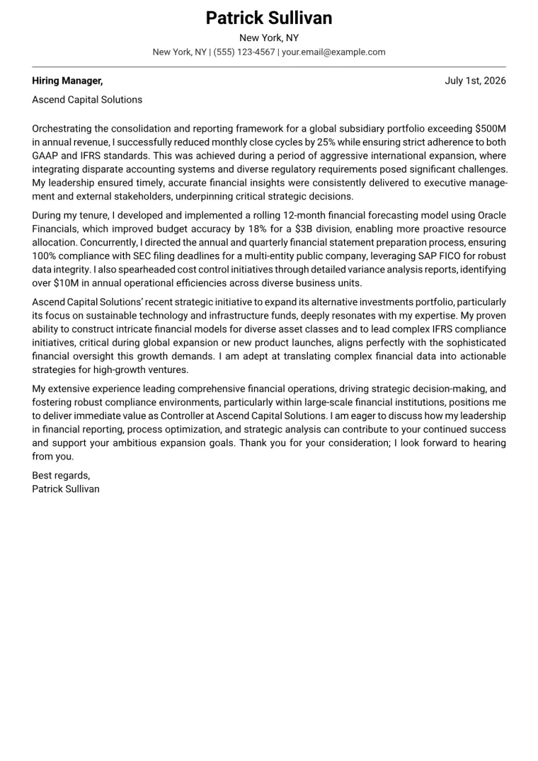 Controller Cover Letter Example