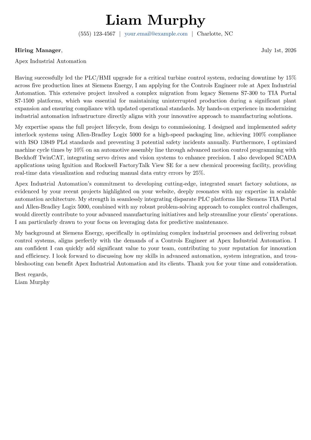 Controls Engineer cover letter formatted with a JobSprout template