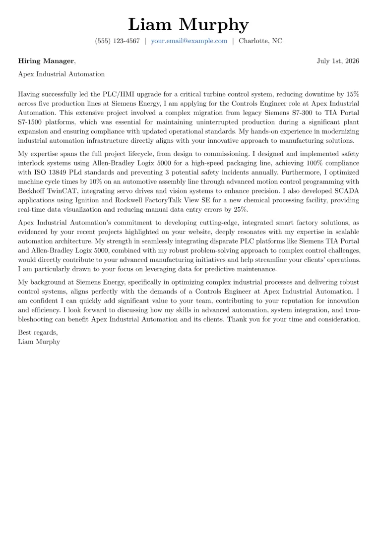 Controls Engineer cover letter example preview