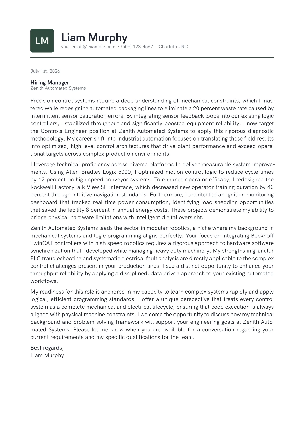 Controls Engineer cover letter in the Emblem design