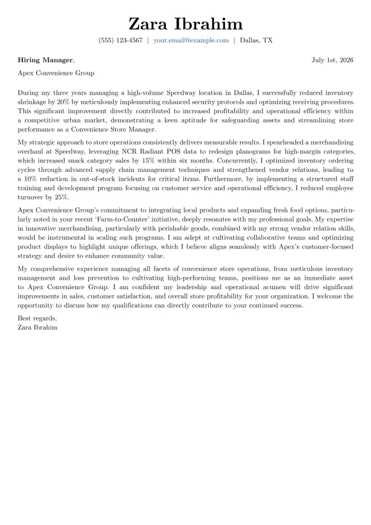 Convenience Store Manager Cover Letter Example