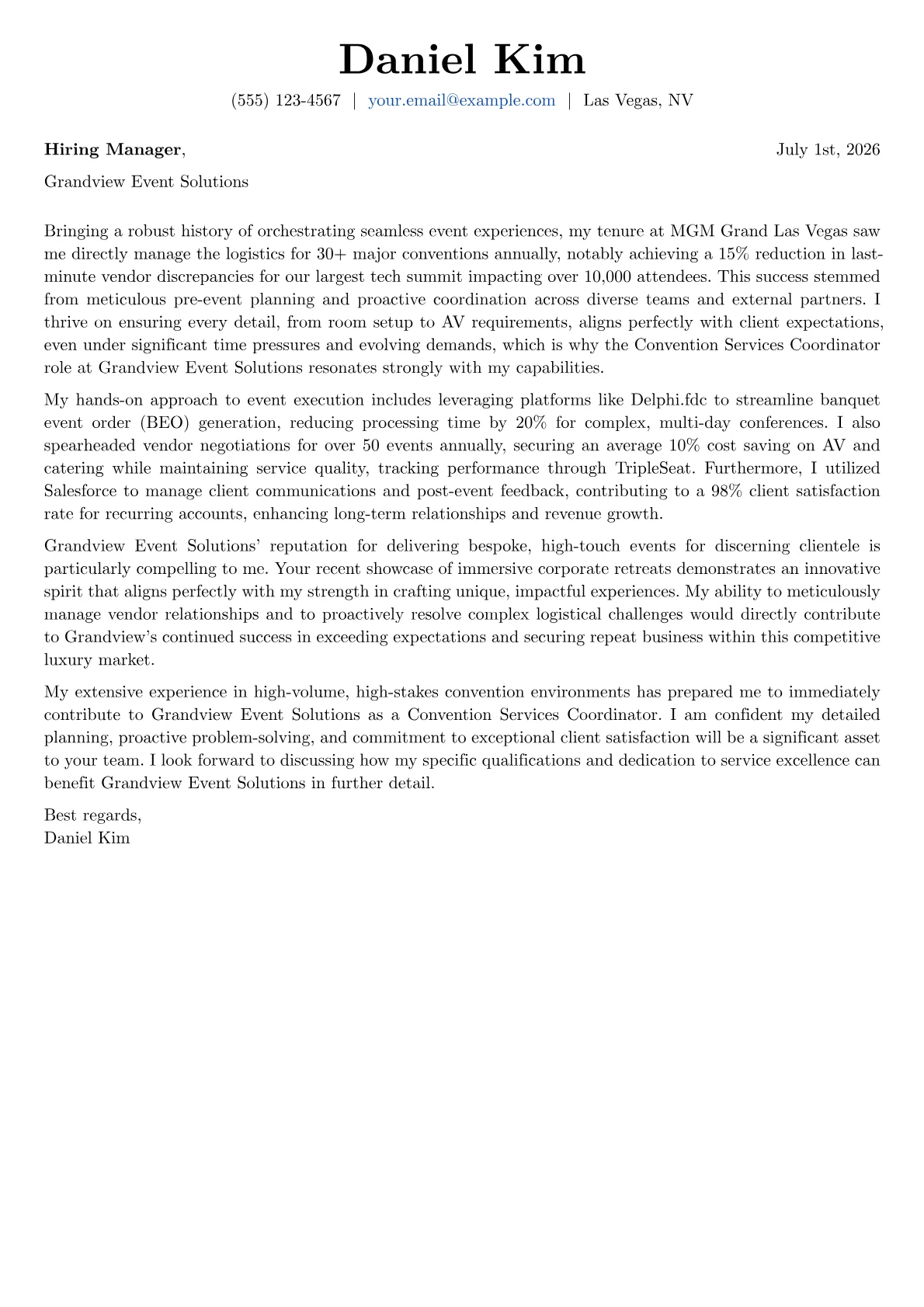 Convention Services Coordinator cover letter formatted with a JobSprout template