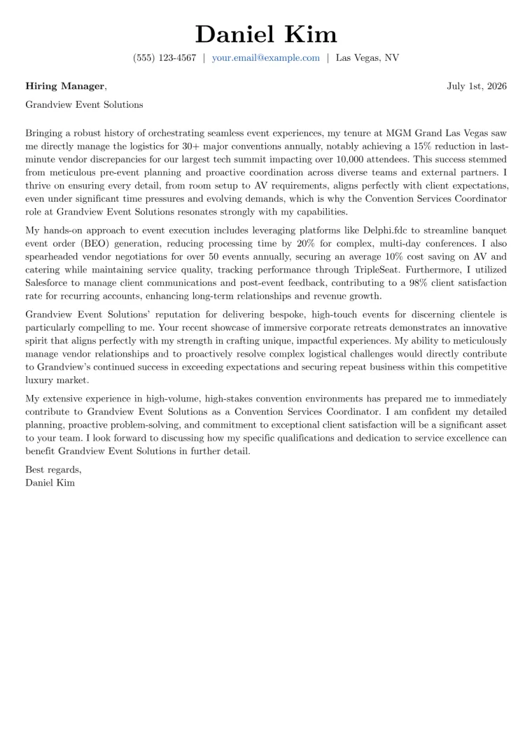 Convention Services Coordinator Cover Letter Example