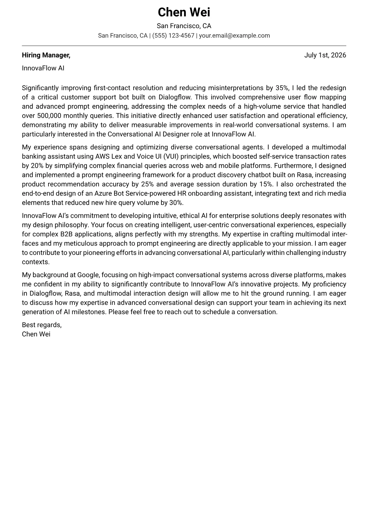 Conversational AI Designer cover letter formatted with a JobSprout template