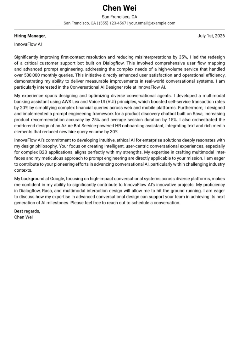 Conversational AI Designer cover letter example preview
