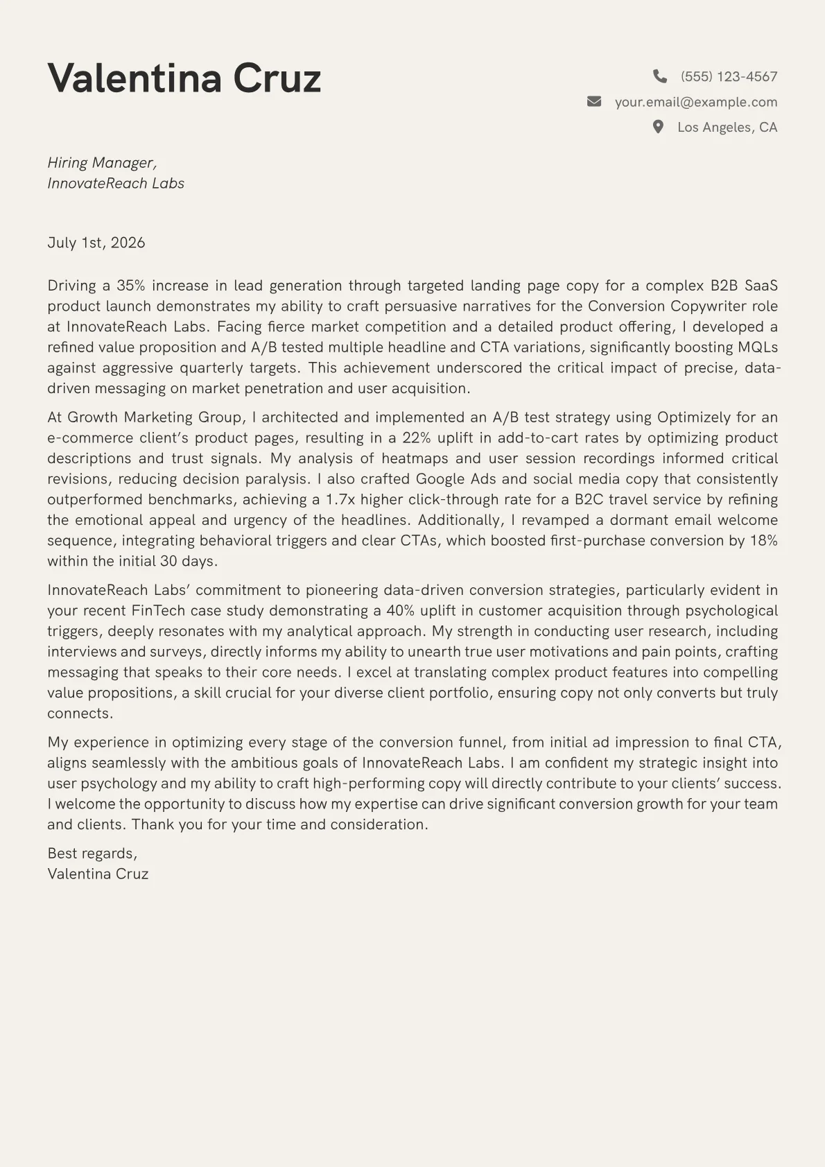 Conversion Copywriter cover letter formatted with a JobSprout template